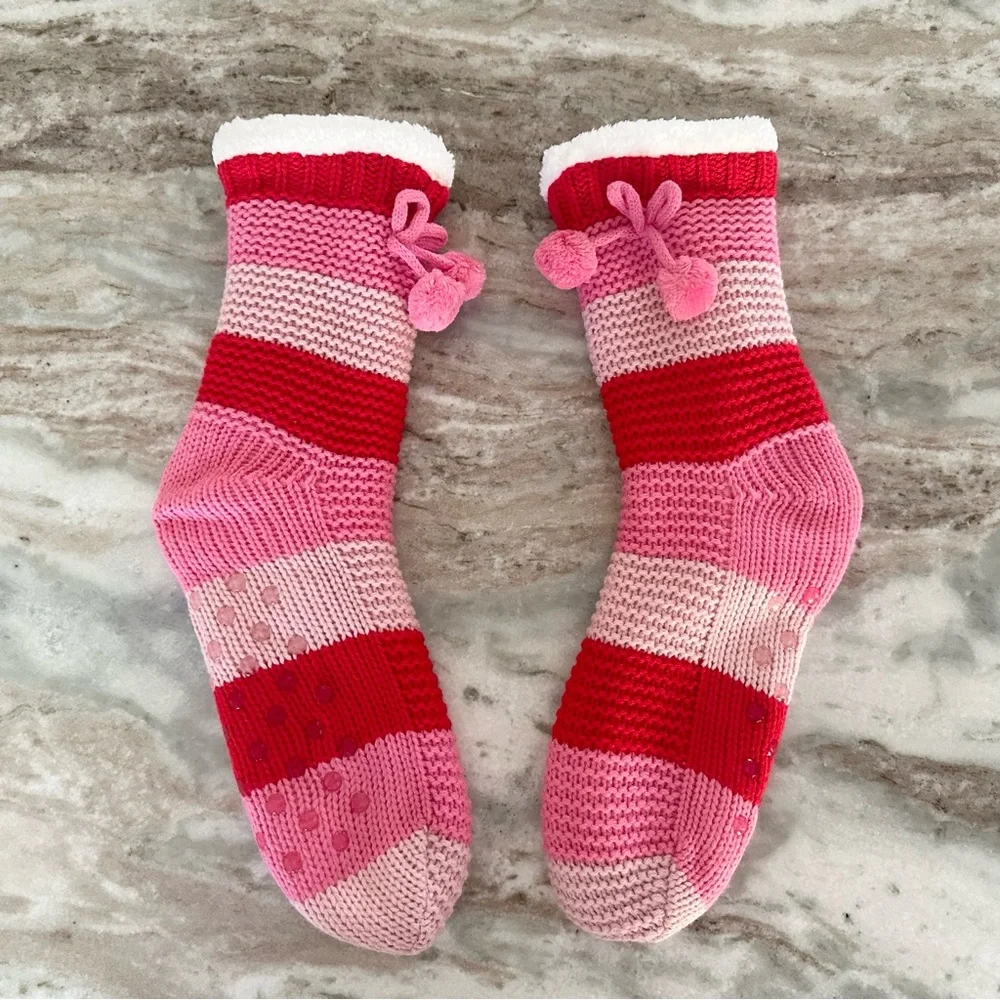 Sherpa Fleece Lined Striped Slipper Socks With Grippers & Pom Pom - Soft & Cozy